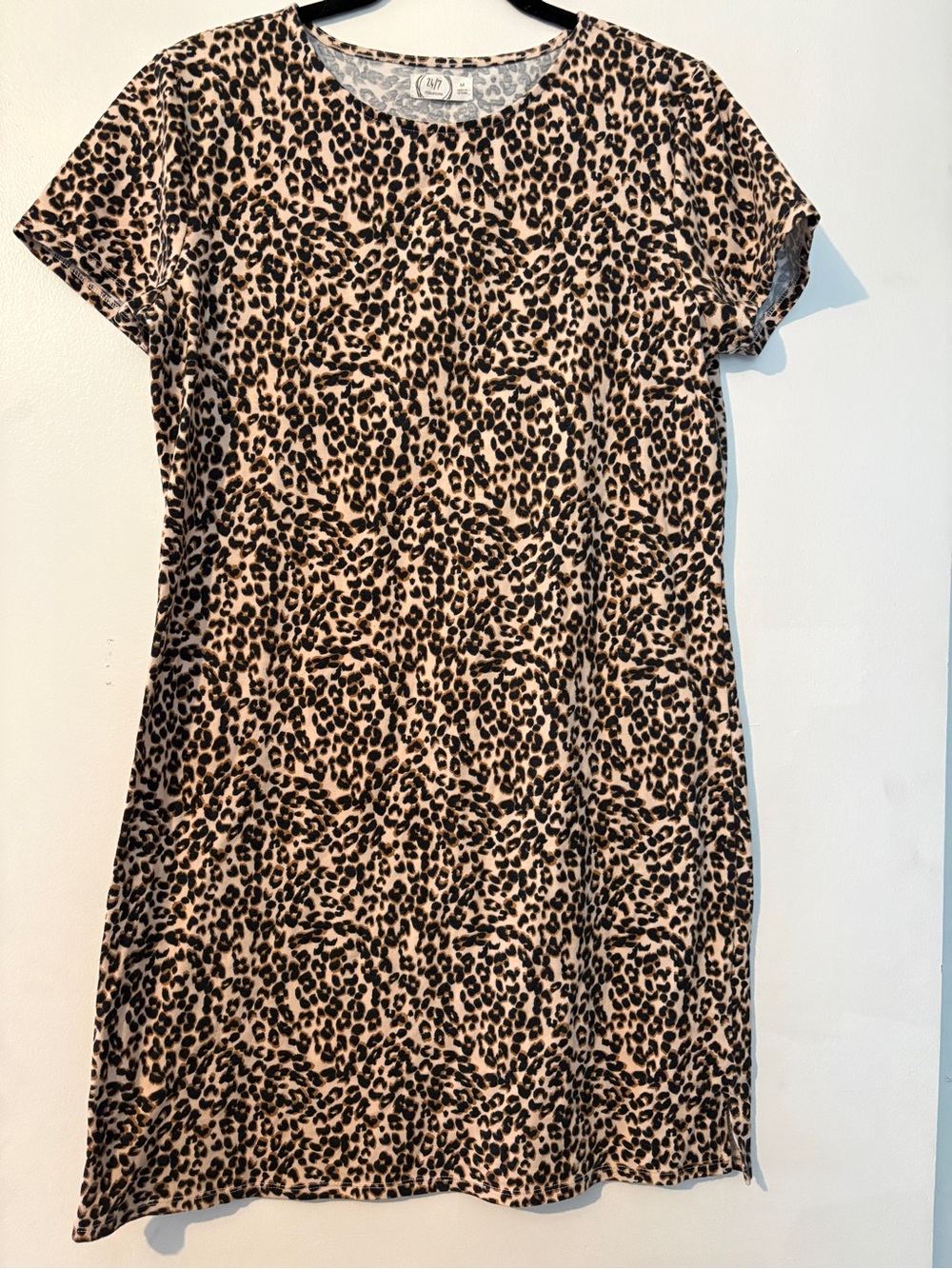 Leopard Print Short Sleeve Shift Dress - Beige/Black